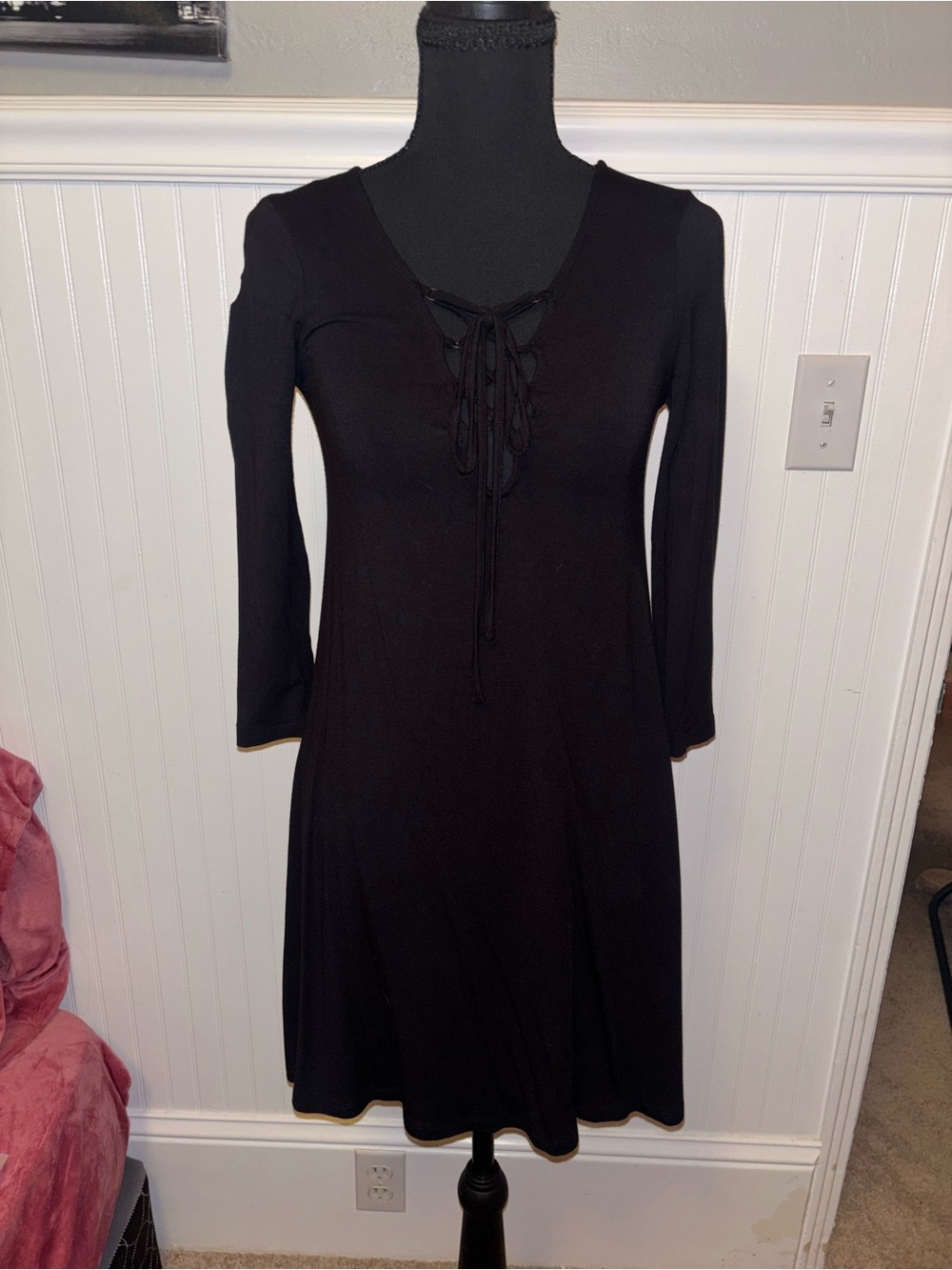 Forever 21 Black Long-Sleeve Lace-Up A-Line Dress